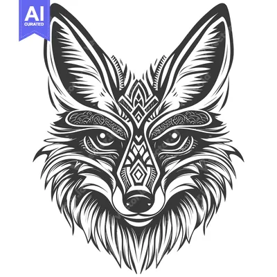 Ornate Black and White Fox Head with Detailed Geometric Patterns