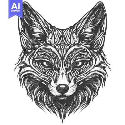Aset desain premium: Ornate Black and White Fox Head Illustration