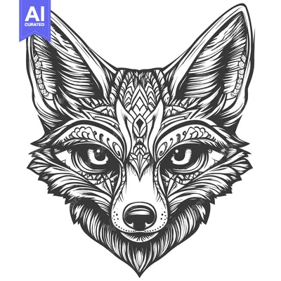 Aset desain premium: Ornate Black and White Fox Head with Detailed Patterns