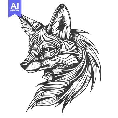 Stylized Black and White Fox Portrait with Geometric Patterns
