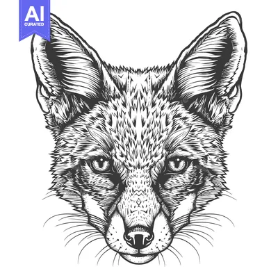 Black and White Detailed Illustration of a Fox's Head