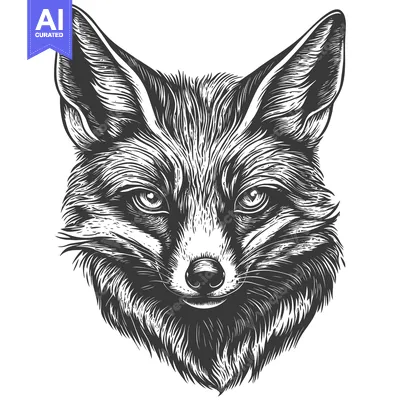 Detailed Black and White Illustration of a Fox's Head