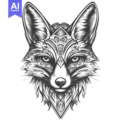 Ornate Fox Head Illustration with Detailed Pattern