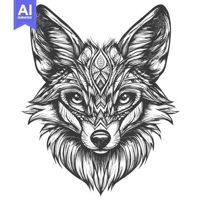 A Detailed Black and White Illustration of a Fox's Head with Intricate