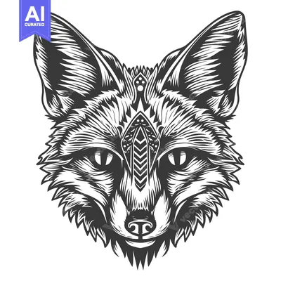 Black and White Detailed Drawing of a Fox Head with Tribal Design
