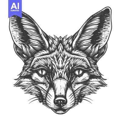 Detailed Black and White Hand-Drawn Illustration of a Fox's Face