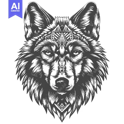 Premium design asset: A stylized black and white wolf head with geometric patterns