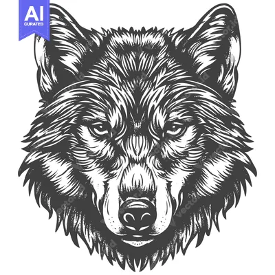 Detailed Black and White Illustration of a Wolf's Head