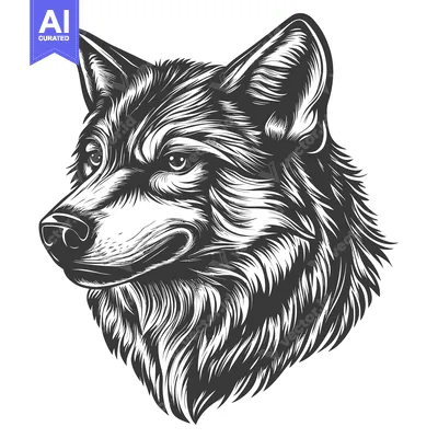 Aset desain premium: Black and White Illustration of a Wolf's Head