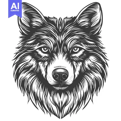 Black and White Illustration of a Wolf's Head