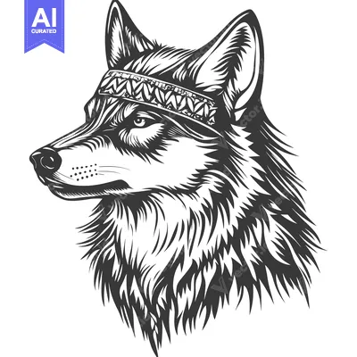 Black and White Illustration of a Wolf's Head with a Headband