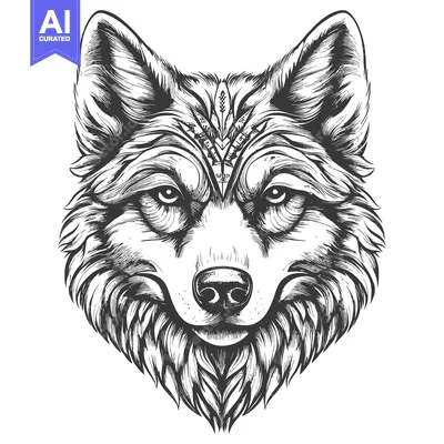 Detailed Black and White Drawing of a Wolf's Head