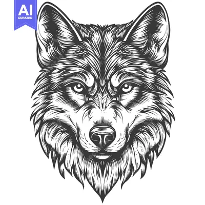Detailed Black and White Illustration of a Wolf's Head