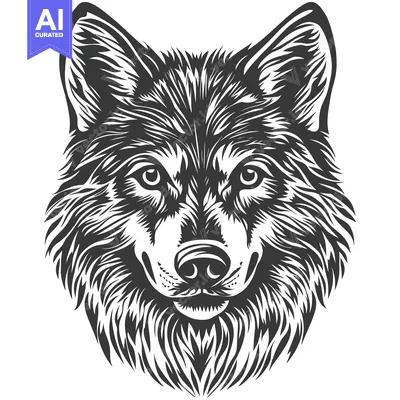 Detailed Black and White Illustration of a Wolf's Head