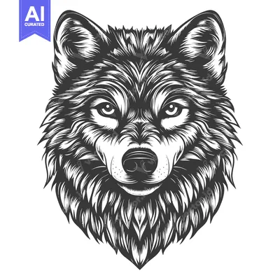 A Detailed Black and White Illustration of a Wolf's Head