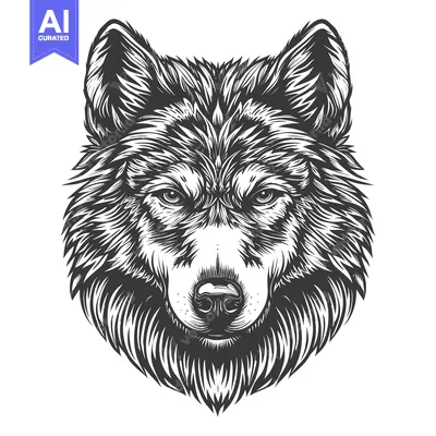 Black and White Detailed Illustration of a Wolf's Head