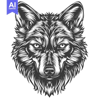 Detailed Black and White Illustration of a Wolf's Head