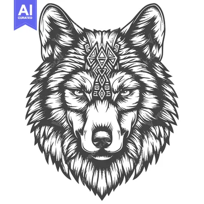 Detailed Black and White Illustration of a Wolf's Head with Geometric
