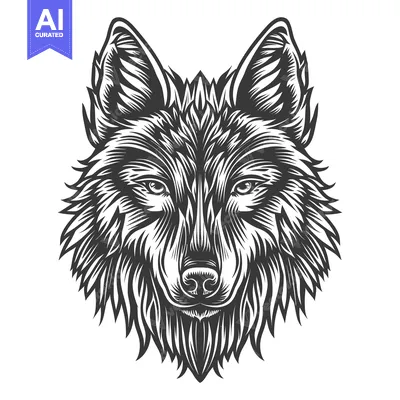 Detailed black and white illustration of a wolf's head