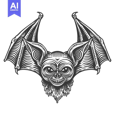 Detailed Black and White Illustration of a Ferocious Bat with Spread W