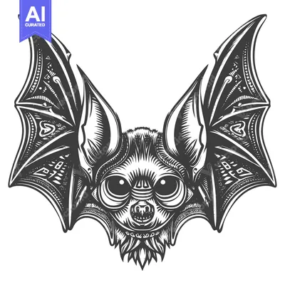 Detailed Black and White Illustration of a Bat's Head and Wings