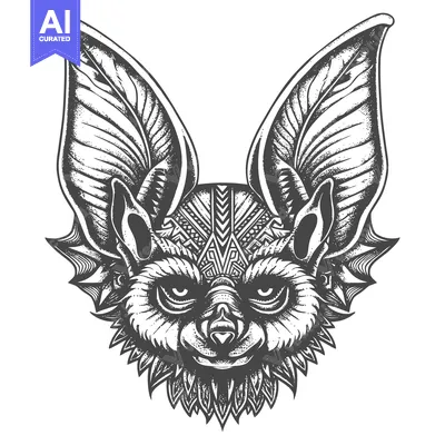 Detailed Black and White Illustration of a Bat's Head with Tribal Patt