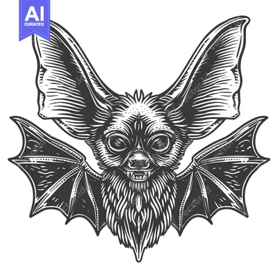 Detailed Black and White Illustration of a Bat with Large Ears and Spr