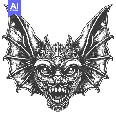 Intricate Black and White Illustration of a Bat with Open Mouth and Wi