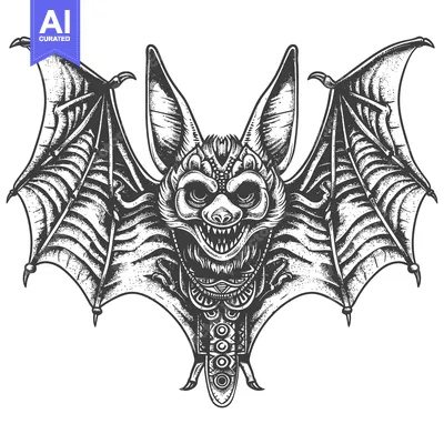 Detailed Illustration of a Monstrous Bat with Open Mouth and Spread Wi