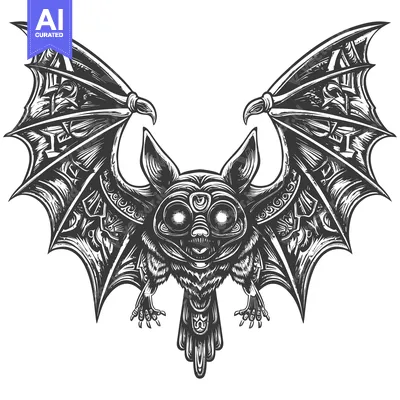 Detailed Monochrome Illustration of a Bat with Spread Wings