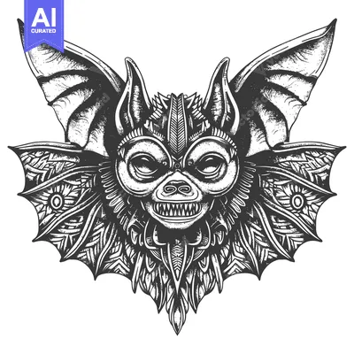 Detailed Black and White Illustration of a Bat with Intricate Patterns