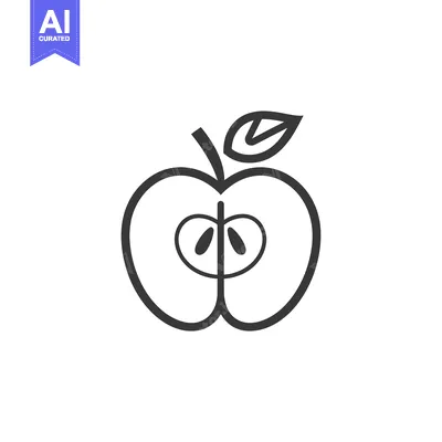 A black and white outline of an apple cut in half