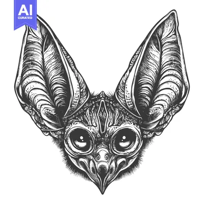 Detailed Black and White Illustration of a Bat's Head