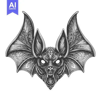 Detailed Black and White Illustration of a Bat's Head and Open Wings