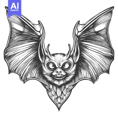 Black and White Detailed Illustration of a Bat with Spiky Ears and Spr