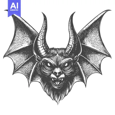 Monochrome Illustration of a Demon Head with Wings
