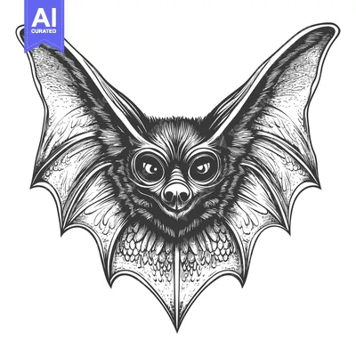 Detailed Black and White Hand-Drawn Illustration of a Bat's Head with