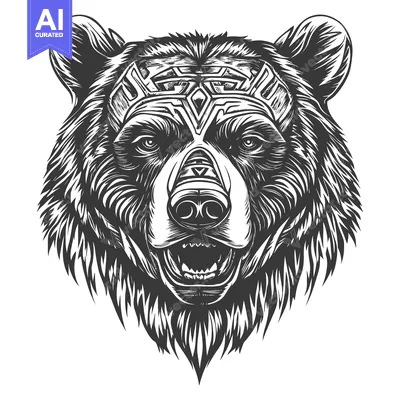 Aset premium populer: Black and White Illustration of a Bear's Head with Geometric Detail