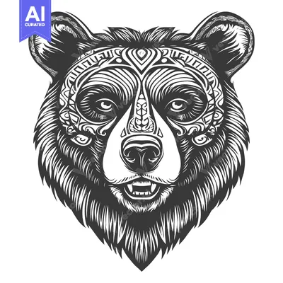 Detailed Monochrome Illustration of a Bear's Face with Ornamental Desi