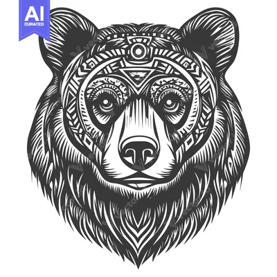 Aset premium populer: A Detailed Black and White Illustration of a Bear's Face with Tribal P