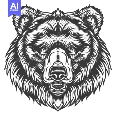 Detailed Black and White Illustration of a Bear's Head with an Open Mo