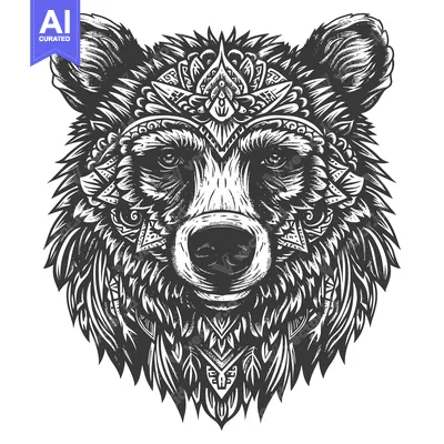 Premium design asset: Ornate Black and White Bear Head Illustration