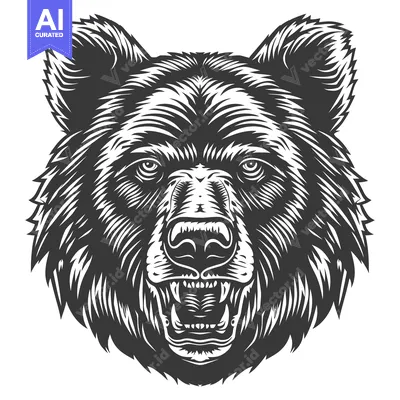 Monochrome illustration of a bear's snarling face