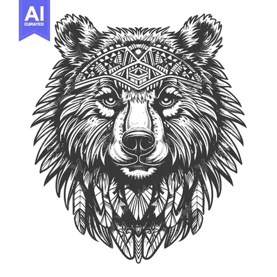 Premium design asset: Tribal Bear Head with Feathers and Geometric Design
