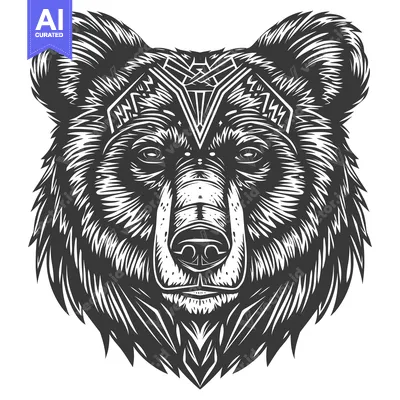 Premium design asset: Black and White Illustration of a Bear's Head with Tribal Design