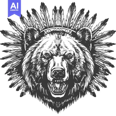 Premium design asset: Black and White Illustration of a Bear with a Feather Headdress