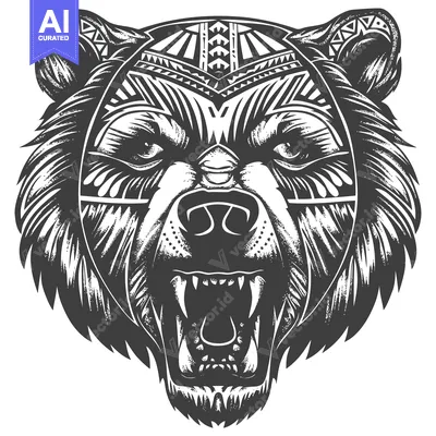 Aset desain premium: Tribal Patterned Bear Head with Open Mouth and Fangs