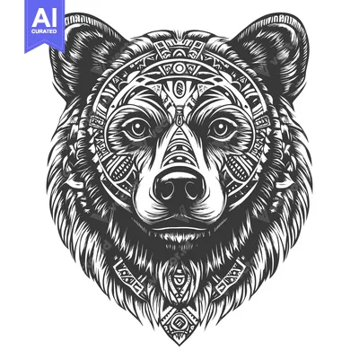 Geometric Bear Head with Tribal Patterns and Fur