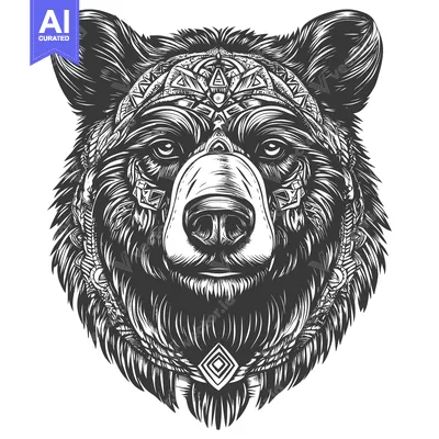 Black and White Illustration of a Bear with Geometric Tribal Decoratio