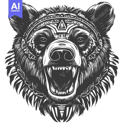 A Roaring Bear's Head with Tribal-Inspired Adornments
